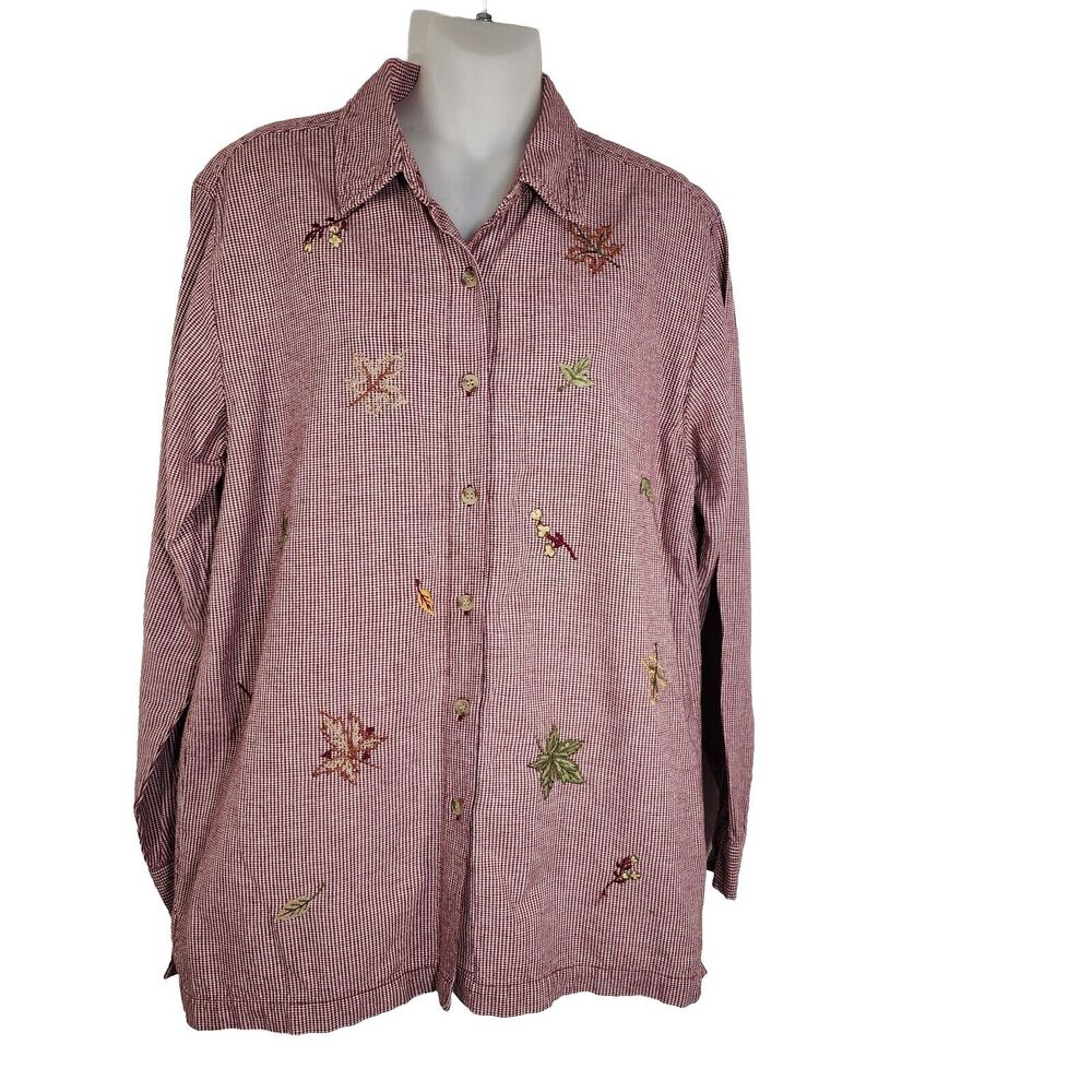 Cabin Creek Women Shirt Top Medium Red White Button Up Cotton Floral Embroidered